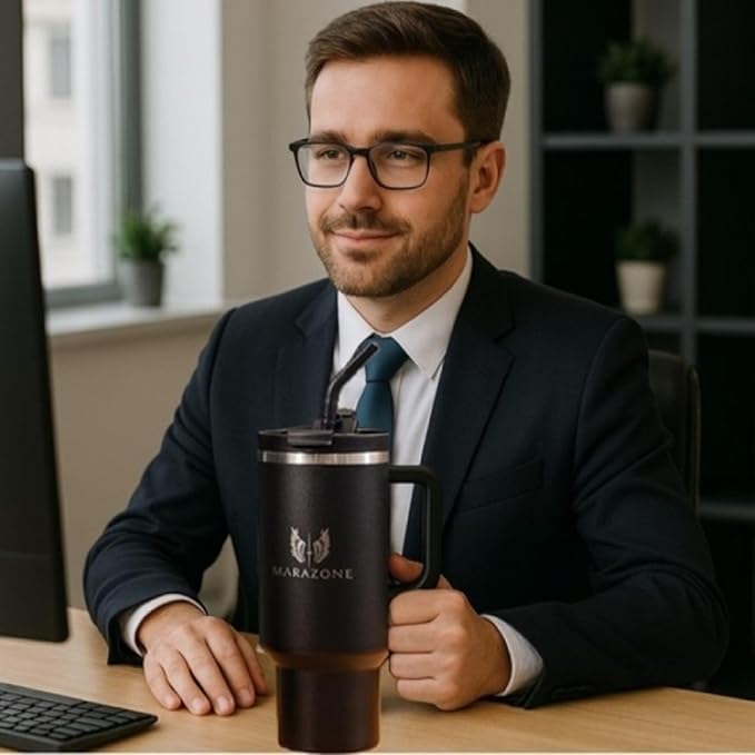 40 oz Insulated Tumbler with Handle and Straw – Stainless Steel Double Wall Vacuum Cup Fits Car Cup Holder, Hot Cold Travel Mug, BPA Free Reusable Water Bottle for Men Women - Midnight Black - Bloomnest