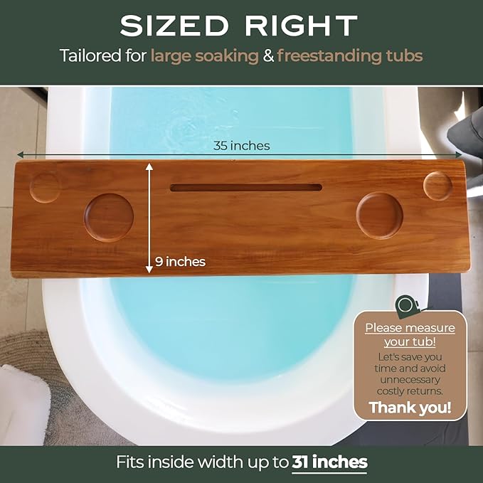 Grand Fjord | Teak Bathtub Tray for Large Soaking Tub | Extra Long 35” Luxury Bath Caddy for Freestanding Tubs | Minimalist Wooden Tub Tray with Candle Holders & Premium Towel by JapandiSpirit - Bloomnest