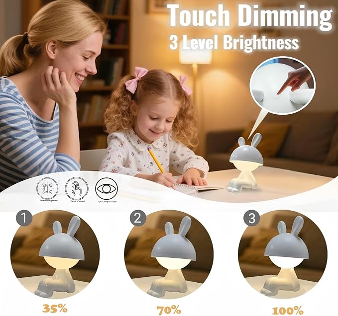 Night Light | Mini Desk Lamp | Table Lamps for Night Stands LED Cute Bunny 3 Level Dimmable Touch Light with Rechargeable Battery for Bedside Living Room Home Decor Christmas Gifts(White) - Bloomnest