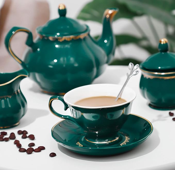 CHENP.HMC Tea Set 22-Piece Porcelain Ceramic Coffee Tea Sets Cups Saucer Service for 6 Teapot Sugar Bowl Creamer Pitcher and Teaspoons Porcelain Tea Set(Dark Green) - Bloomnest