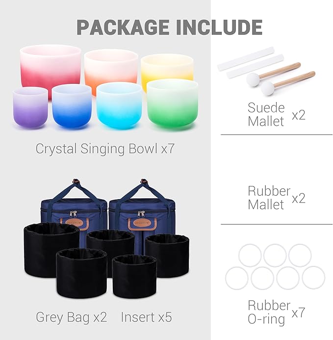 432Hz 6-12 Inch Set of 7 Quartz Crystal Singing Bowls with Gradient Colored Design, 2 Travel Carry Case Bags and Resonance Striker for Meditation and Sound Therapy - Bloomnest