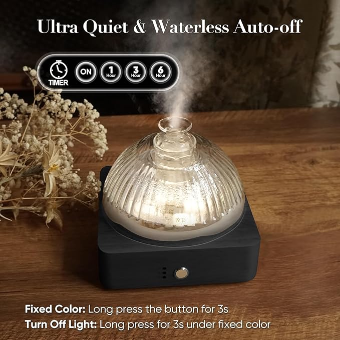Glass Dome Essential Oil Diffuser with Glass Reservoir & Wood Base-Plastic Free, 200ml Ultrasonic Diffuser for Aromatherapy with Timer 7 Color Light Auto-Off for Home Office Yoga Dark Brown - Bloomnest
