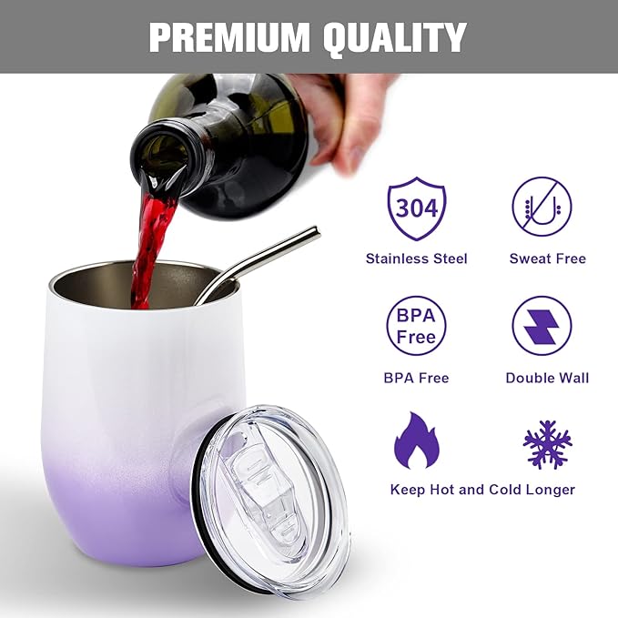 BetterSub Double Wall Gradient Color Wine Tumblers 12oz, Stainless Steel Sublimation Blanks, with Lid, Straw, & Display Box - 12 Pack - Bloomnest