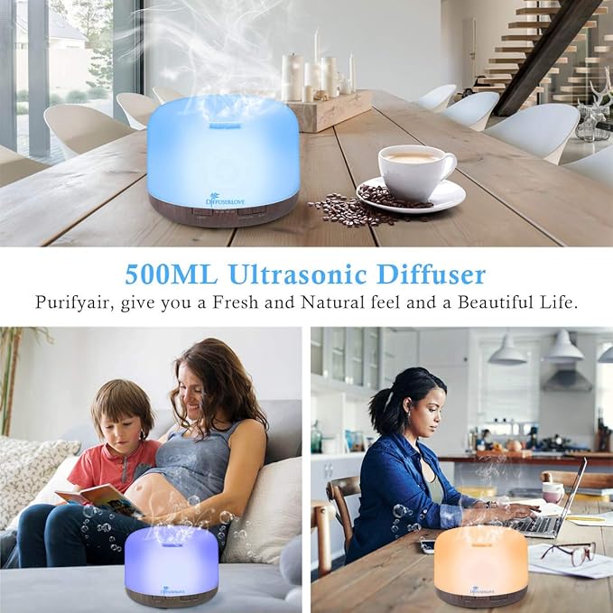 Diffuserlove Essential Oil Diffuser 500ML Aromatherapy Diffuser Mist Humidifiers 7 Color LED Lights Diffusers for Home Office Bedroom (Size:6.7" L x 6.7" W x 4.7" H) - Bloomnest