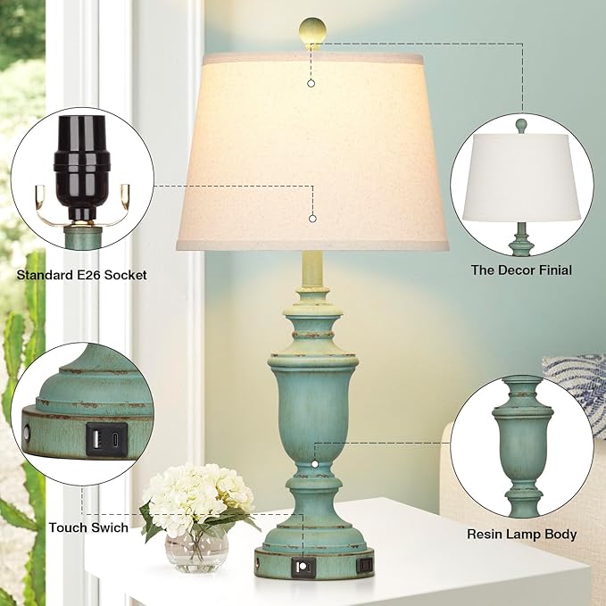 25.6" Farmhouse Table Lamps Set of 2 with USB C+A Ports & AC Outlet for Rustic Living Room Retro Bedroom,3-Way Dimmable Touch Lamp Bedside Lamps for Nightstand Side End Table,Retro Green - Bloomnest