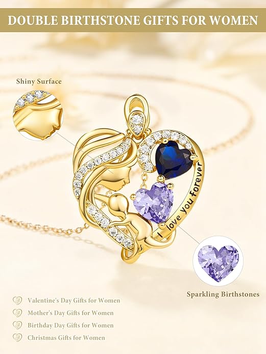 14K Gold Double Birthstone Heart Necklace for Women Mom, Mother Son/Daughter Pendant Necklace for Christmas Mother's Day Birthday Gifts for Wife Daughter Grandmom - Bloomnest