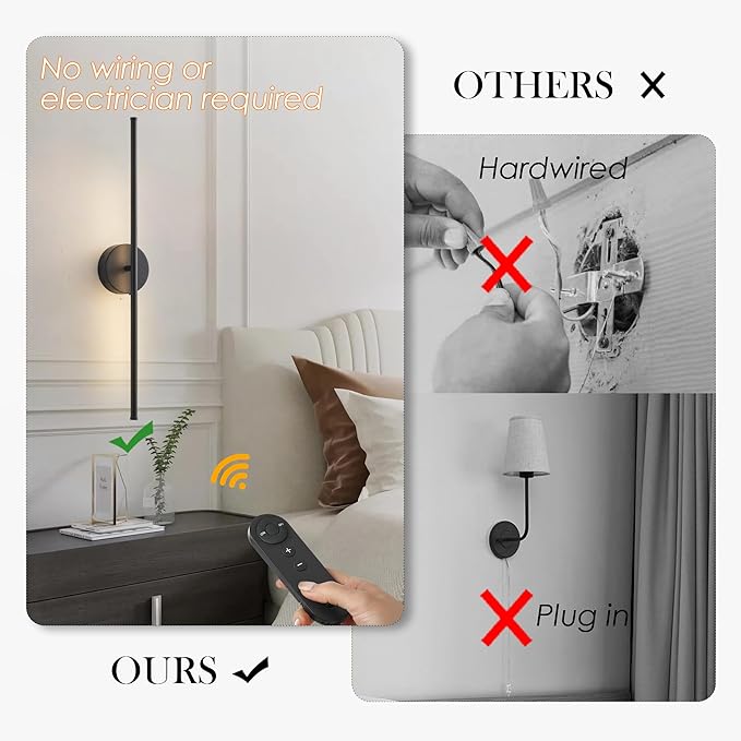 Battery Operated Wall Sconces, Dimmable Wall Sconces Set of Two, 350°Rotate, 3000K LED Black Wireless Wall Light for Living Room, Bedroom,Hallway, 32.2 Inch (2 Pack) - Bloomnest