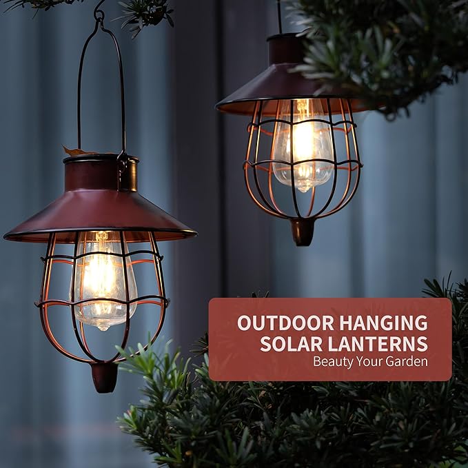 2 Pack Solar Lanterns Outdoor Waterproof Hanging Solar Lights with Vintage Metal Warm White Light Edison Bulb Design, Decorate for Garden Yard Porch and Christmas (Red) - Bloomnest