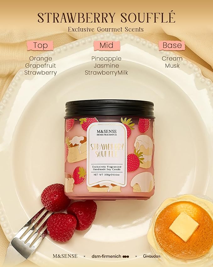M&SENSE Strawberry Souffle Scented Candle, 11.6oz Natural Soy Wax Non Toxic, 2 Wick Jar Candle, Up to 70 Hours Clean Burn, Gifts for her to Creat a Sweet Ambiance - Bloomnest