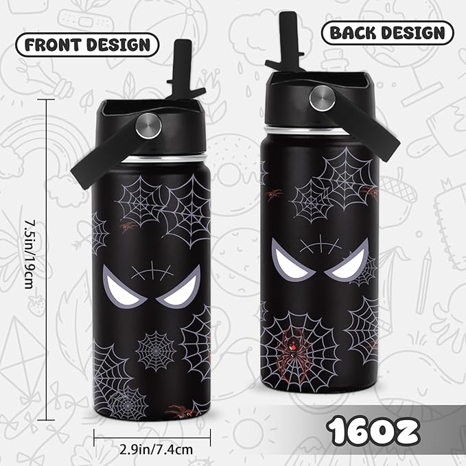 Spiderman Water Bottle for Boys, 16oz Kids Stainless Steel Insulated Water Bottle with Straw Lid, Spider Cup Tumbler Gifts for Kids Teen Boys Men - Bloomnest