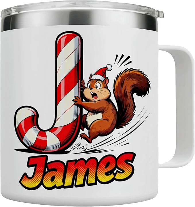 JugJug Personalized Christmas Mug with Candy Cane Initial - Cute Squirrel 12oz Insulated Coffee Cup w/Lid - Sweet Xmas Gifts for Kids, Boys (B177) - Bloomnest