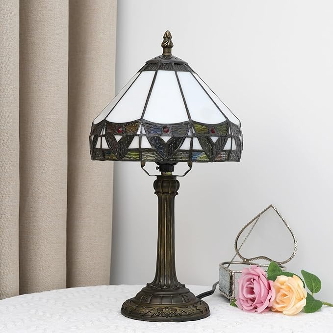 Tiffany Lamp 8 Inch Small Stained Glass Table Lamp With Roman Nordic Style Design Warm Color Reading Light Dining Rooms Bedrooms Offices Study Rooms Tiffany Style Retro Home Decoration Crafts (White) - Bloomnest