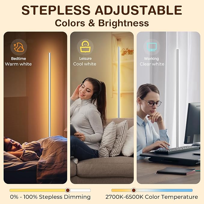 LED Corner Floor Lamp for Living Room, Minimalist Light with Remote Control, Stepless Adjustable 2700k-6500k Colors & Brightness, Modern Reading Bright Light, 58" Standing Lamp for Bedroom Home Office - Bloomnest