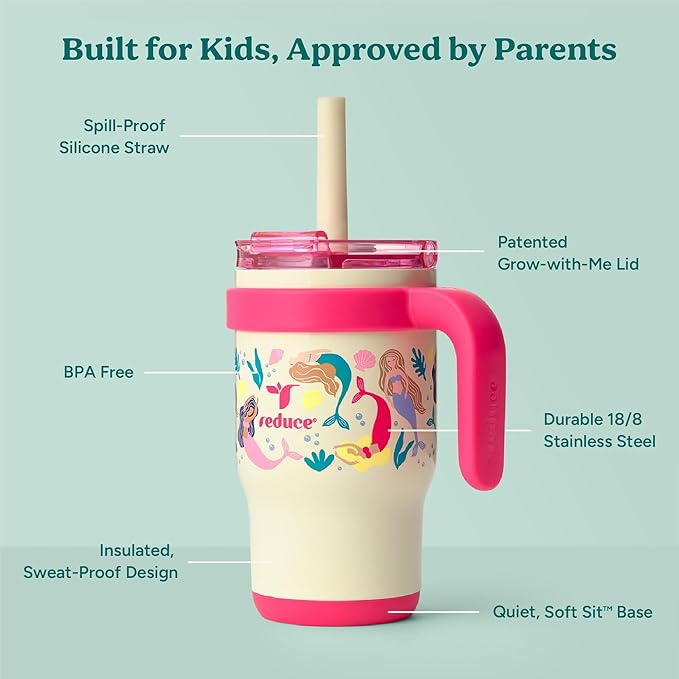REDUCE 14 Oz Coldee Kids Tumbler with Lid and Straw - Coldee Insulated Travel Mug - Spill-Proof, Sweatproof Stainless Steel, BPA-Free - Includes Handle, Reusable Silicone Straw - Pink Mermaid - Bloomnest