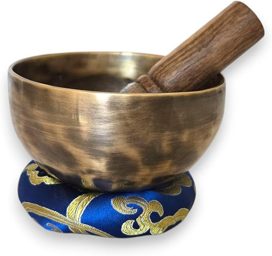 Handmade 4.5" Tibetan Singing Bowl Set– Tiger Antic Sound Bowl with Mallet, Cushion & Case – Sound Therapy Set from Nepal - Bloomnest