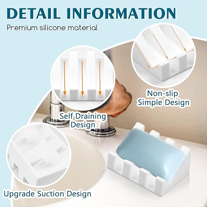 Silicone Soap Dish with Drain, Upgrade Double Suction Cups at The Bottom for Anti-Slip and Stability, Soap Dish Shower Waterfall Bar Soap Holder Tray with Drain Soap Holder (2, White) - Bloomnest