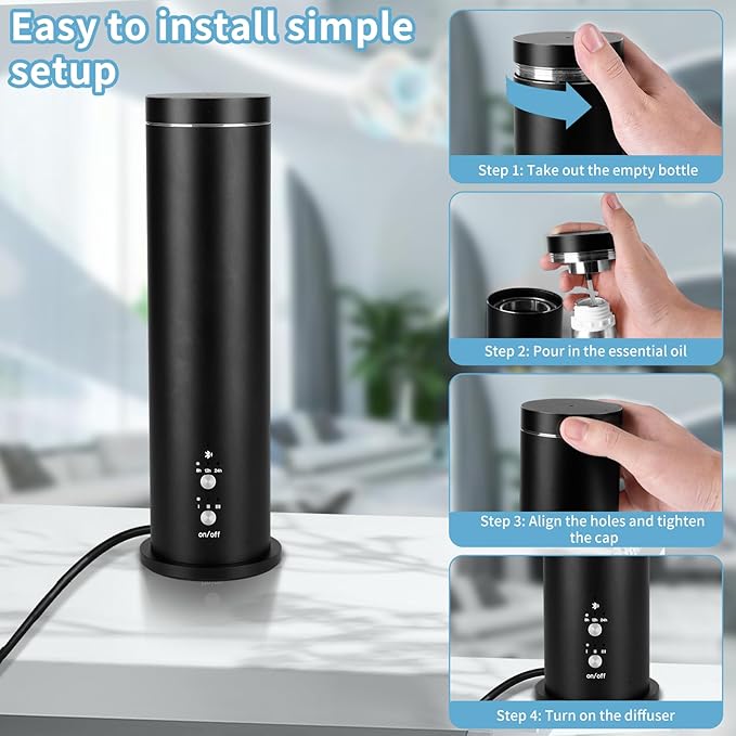 Waterless Essential Oil Diffuser - 1000 Sq Ft Coverage Large Room Scent Diffuser for Home, Office, Hotel and Spas - Aromatherapy Diffuser Fragrance Oil Machine, Remote Control, Timer, Black - Bloomnest