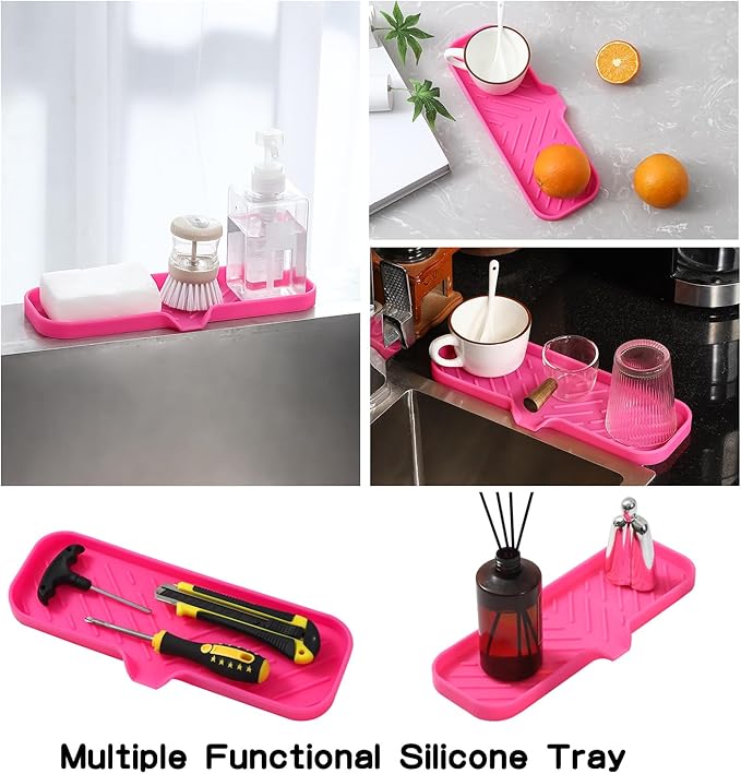 Silicone Bathroom Soap Dishes with Drain Spout-Bathroom and Kitchen Sink Organizer,Sponge Holder,Dish Soap Tray,Perfect for Dispenser,Scrubber,Bottle,Cup on Sink or Counter-Rose 12"×4" - Bloomnest