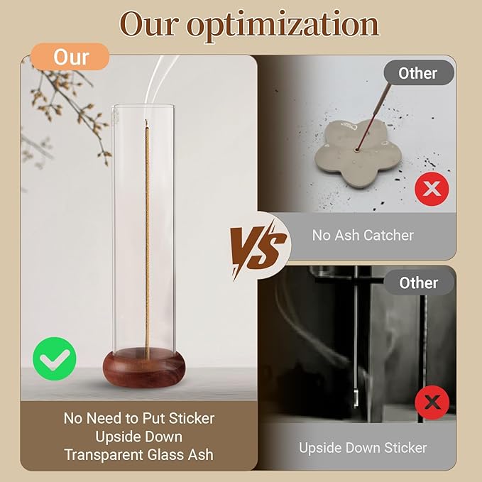 Incense Holder,Walnut Wooden Incense Stick Holder with Detachable Glass Ash Catcher,Incense Bunner for Stick for Meditation Yoga Spa Gift - Bloomnest