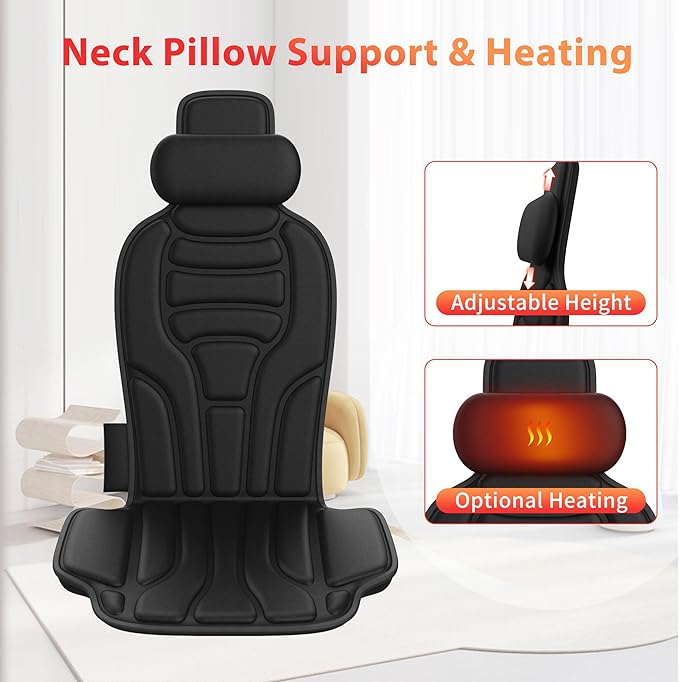 Heated Vibration Massage Chair Pad with 8 Motors – 5 Massage Modes & Adjustable Heat Levels, Memory Foam Back Massager Cushion for Office Chair, or Home Use - Bloomnest
