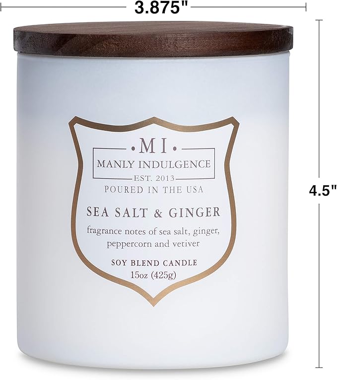 Manly Indulgence Sea Salt & Ginger Scented Candles for Men, 15 oz Wooden Wick, Premium Soy Blend Wax, 60H Burn, Candles for Home Scented - Made in The USA - Bloomnest