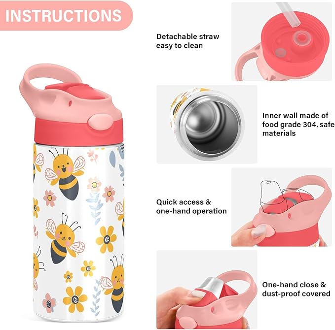 Funny Bee Honey Kids Insulated Water Bottle, Toddlers Tumbler Travel Cup with Straw & Handle Stainless Steel Cup for Travel School Girls 12 oz - Bloomnest