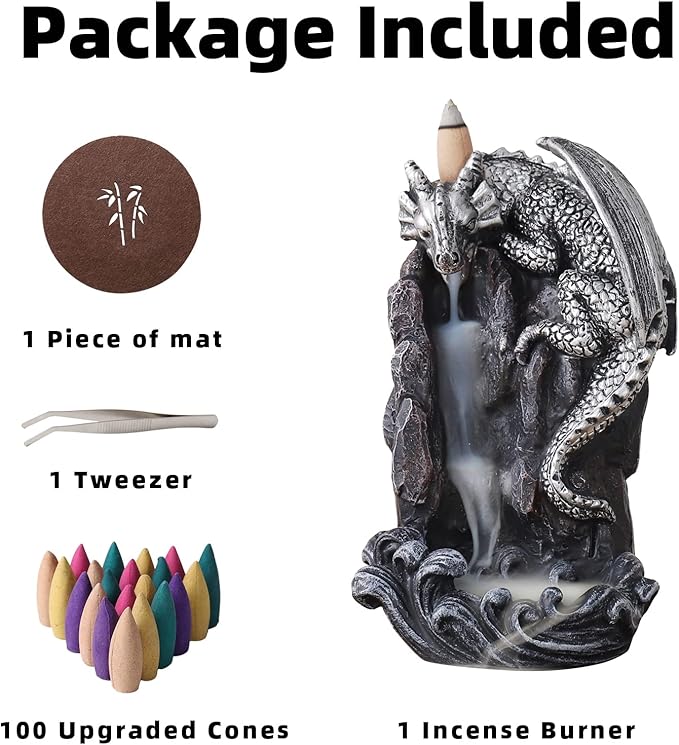 Dragon Backflow Incense Holder Waterfall Incense Burner, with 100 Backflow Incense Cones,1 Mat,1 Tweezers，Aromatherapy Ornamental for Home Office Yoga （Silver Dragon） - Bloomnest