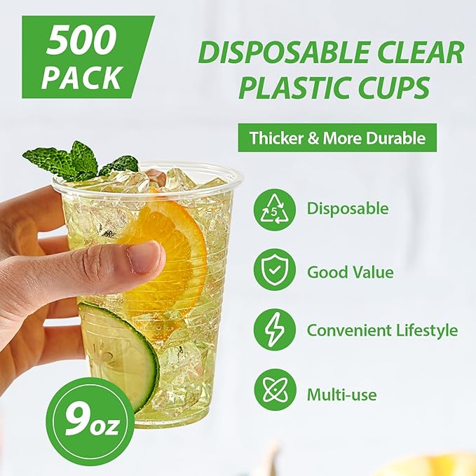 Lilymicky 500 Pack 9 oz Clear Plastic Cups, Disposable Drinking Cups, Plastic Party Cups for Birthday Parties, Picnics, Ceremonies, and Any Events - Bloomnest