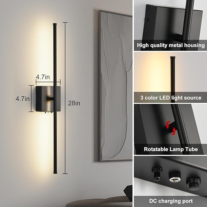 Battery Operated Wall Sconces with Remote Control, 11000mAh LED Wireless Rechargeable Black Wall Lights, 350°Rotate Dimmable Wall Lamp, 3 Color Temperatures, for Bedroom, Living Room, Hallway, 1 PCS - Bloomnest