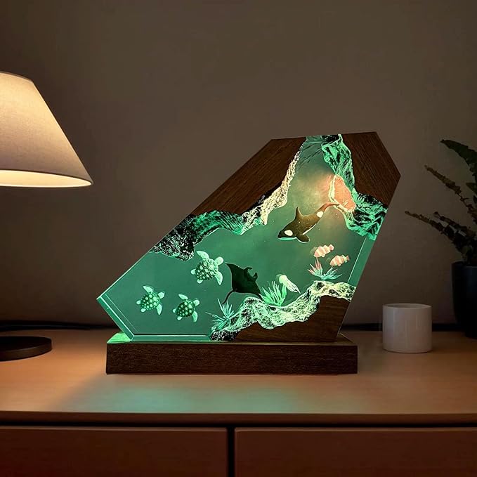 Orca Ocean Resin Lamp, Handmade Wooden Table Resin Night Light, USB Port Art Ornaments for Home Office Decor, Scuba Diver Gifts for Birthday Holiday, Unique Thanksgiving Day and Christmas Gifts - Bloomnest