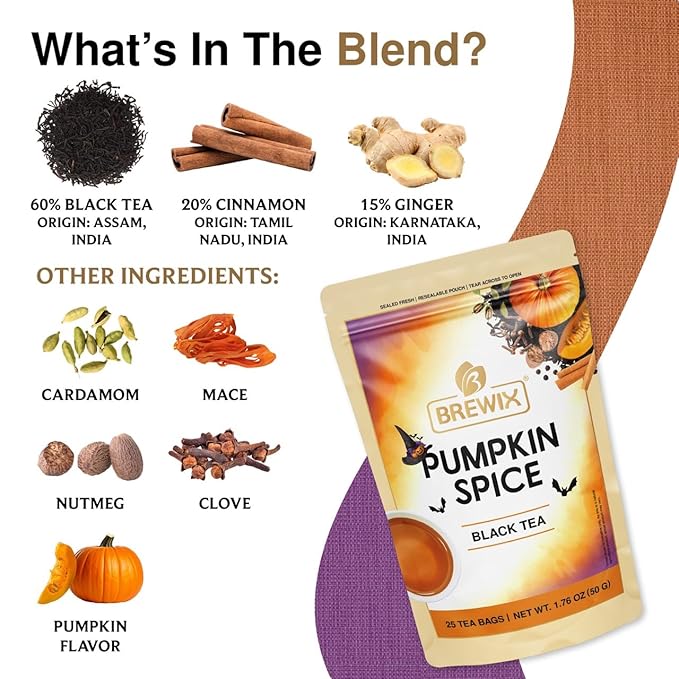 BREWIX, Pumpkin Spice Black Tea Bags (25 Pyramid Bags) | Cozy Fall Blend with Cinnamon, Ginger, Nutmeg & Clove | Caffeinated, Warm & Aromatic | Perfect for Autumn & Halloween - Bloomnest