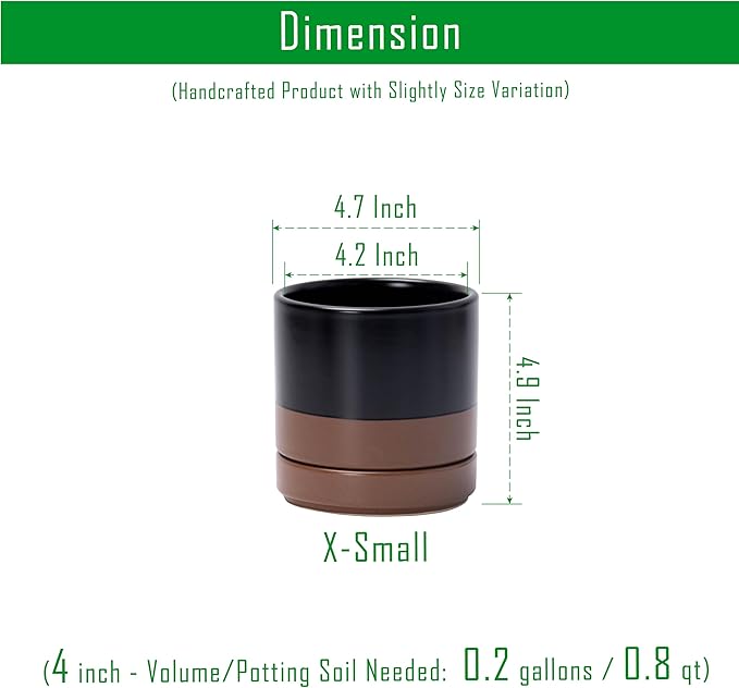 D'vine Dev Set of 2 Plants Pots, 4.7 Inch Ceramic Planter Pot for Plants with Drainage Hole and Saucer, Black/Speckled Tan, 94-V-B-7 - Bloomnest