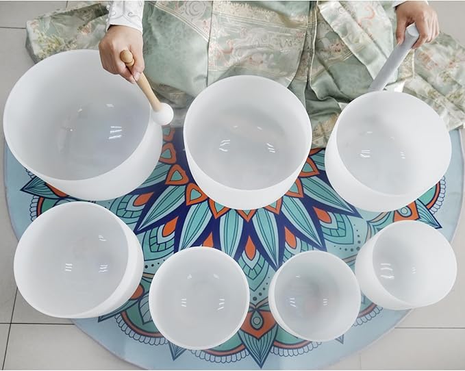 KVKA 6-12 Inch 432hz Crystal Bowls Set of 7Pcs C D E F G A B with Carrying Cases and Suede Stickers,O-Ring for Yoga Sound Healing
