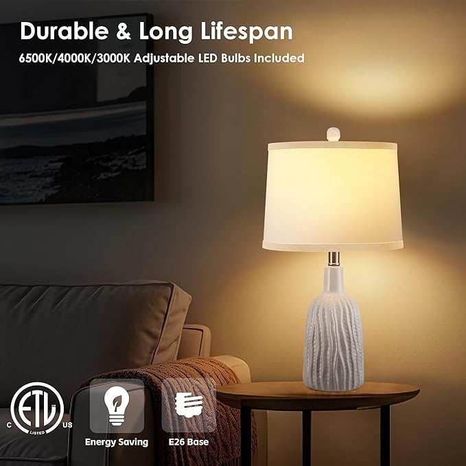 GRUENLICH Ceramic Table Lamp Set of 2 for Nightstand, 22.5" Modern White Bedside Lamp with 3 Adjustable Color Temperature, Bedroom Light for Living Room Desk End Table Office (2 LED Bulbs Included) - Bloomnest