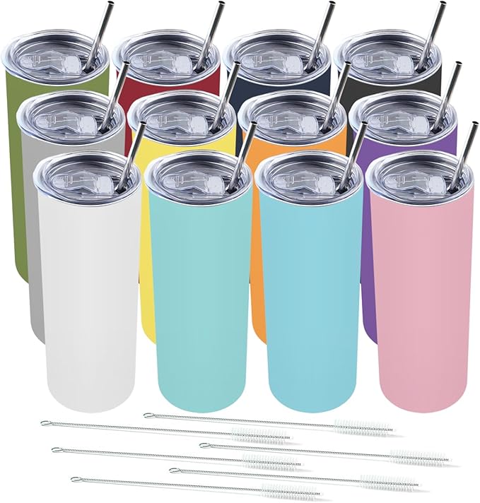 Amtidy 12 Pack 20 oz Slim Tumbler with Lid and Straw, Insulated Double Wall Vacuum Tumbler for Hot and Cold Drinks - Bloomnest