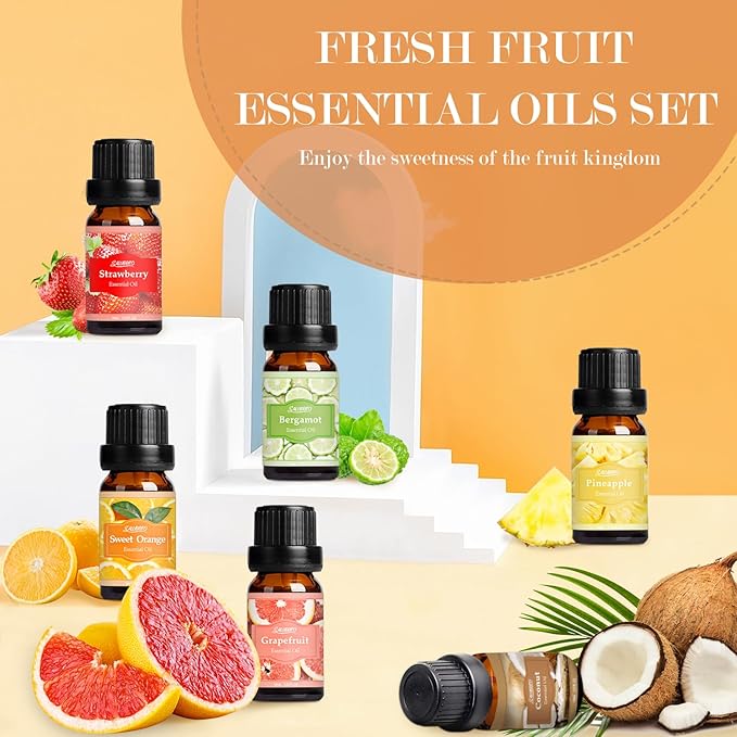 SALUBRITO Fresh Fruit Fragrance Oils Set, Essential Oils for Diffuser, Candle, Soap Making - Strawberry, Sweet Orange, Pineapple, Coconut, Bergamot, Grapefruit, 6X10ml - Bloomnest
