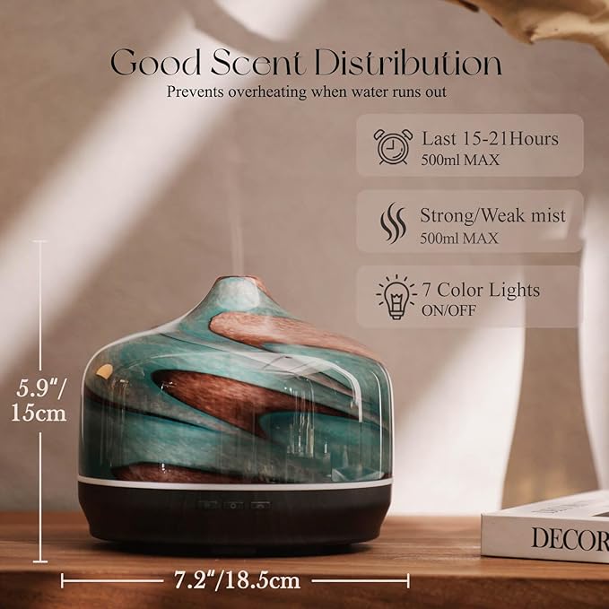 Porseme 500ml Glass Essential Oil Diffuser Aromatherapy Ultrasonic Cool Mist Humidifier 15-21 Running Hours Waterless Auto-Off Air Diffusers for Sleeping Yoga Office Working Spa and Rest (Teal Green) - Bloomnest