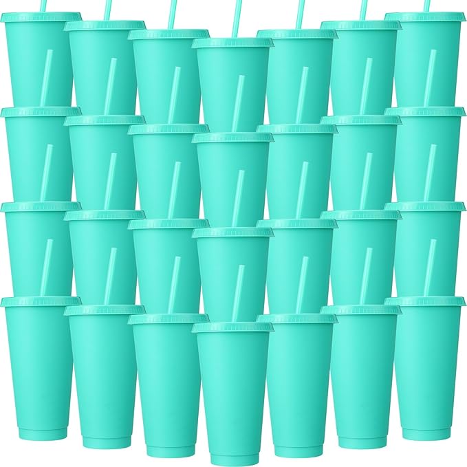 Honeydak 60 Pack Tumbler with Straw and Lid Bulk Water Bottle Iced Coffee Travel Mug Cup Reusable Plastic Cups for Party Birthdays 24-27 oz (Green Color) - Bloomnest