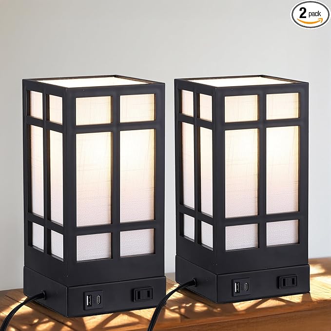 Beside Table Lamp set of 2 with AC Outlet, USB A & C Charging Port,Small Rectangular Nightstand Lamp with Bamboo Linen Shade,LED Bulbs Included,Tabletop Reading Lamp for Living Room/Dorm/Office - Bloomnest