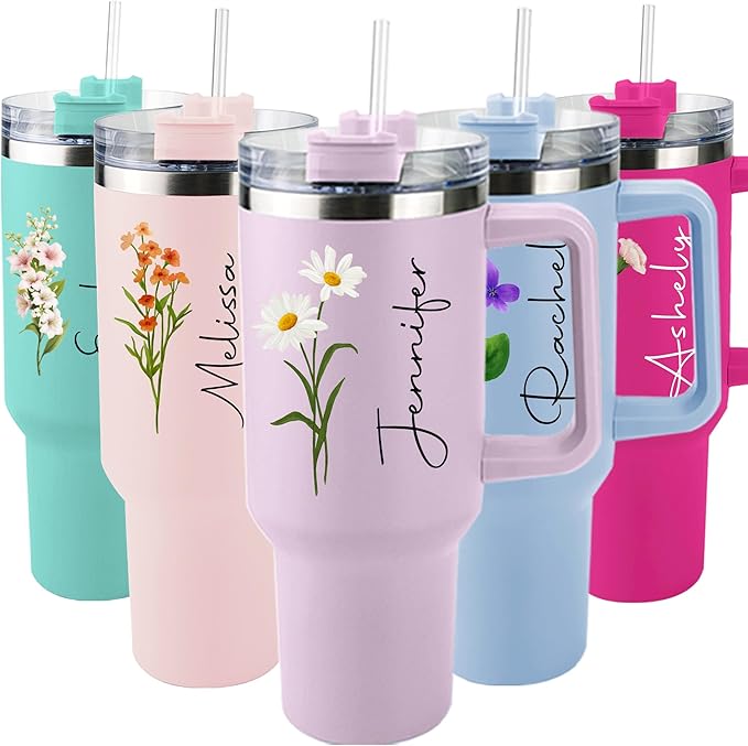 ThermoThrill Ships Next Day, Personalized 40 Oz Tumbler with Handle and Straw Custom Tumbler with Text Stainless Steel Mug Birthday Gifts for Women - Bloomnest