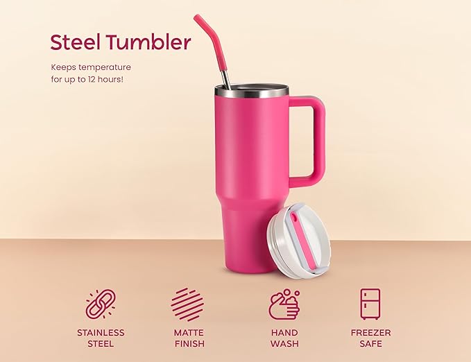 KooK Stainless Steel Tumbler, with Straw and Handle, Leakproof, Vacuum Insulated Travel Coffee Mug, Reusable Double Walled Water Bottle, Keeps Hot or Cold, 40 oz, Bubblegum Pink - Bloomnest