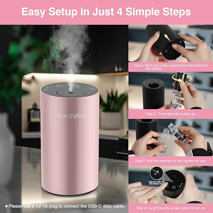 Waterless Essential Oil Diffuser Starter Kit - No Water Needed, Battery Operated Mini Scent Air Machine, Included 3x20ML Essential Oils, Portable Aromatherapy Diffuser for Home & Car & Office, Pink - Bloomnest