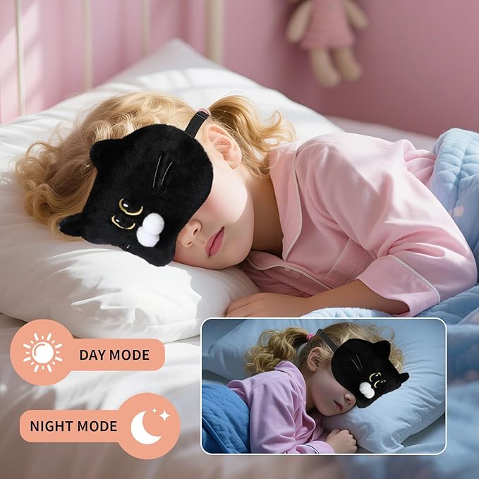 Cute Sleep Eye Masks for Kids, Kawaii Cartoon Kids Sleeping Mask for Women Boys Girls Teens, Soft Plush Adjustable Eyeshade Silk Travel Nap Eye Cover, Black Cat - Bloomnest