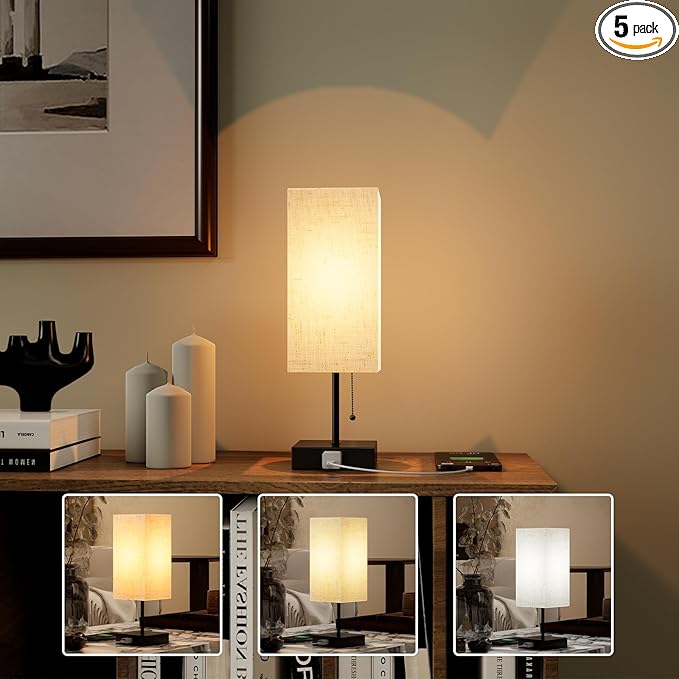 Table Lamp for Bedroom,Nightstand Lamp for Bedside with AC Outlets,Adjustable 3color LED Light Desk Lamp for Home Decor,Included Bulb and Lamp Shade (Linen White-onlyAC, 1PCS) - Bloomnest