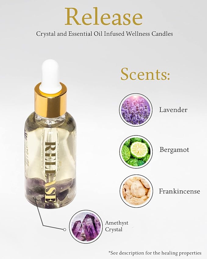 Crystal Infused Essential Oil Vial, 1 Oz, Release - Amethyst Crystal Infused - Scents of Lavender, Bergamot, & Frankincense - Aromatherapy Oils, Massage, Stress Relief