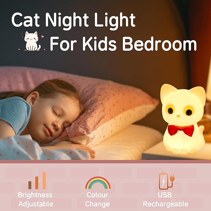 Kitty Cat Night Light for Kids, Cute Cat Lamp Portable Silicone Animal Nightlight Rechargeable Nursery Light for Baby Toddler Room, Kawaii Gifts for Boys Girls - Bloomnest