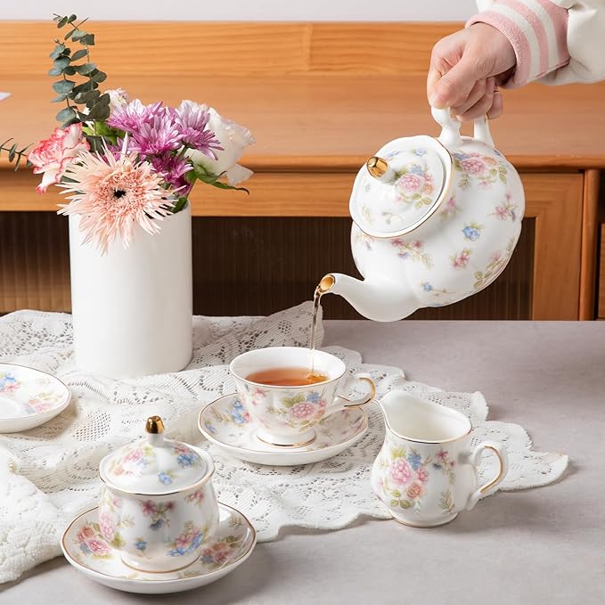 Sweejar Ceramic Teapot with Infuser, Floral Relief Gold Rimmed Teapot, 29 OZ Porcelain Tea Pot for Blooming and Loose Tea, Coffee...(Small Flower) - Bloomnest