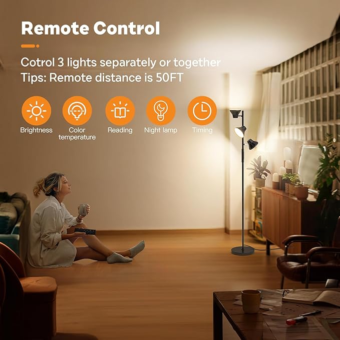 LED Floor Lamp, 36W Modern Floor Lamp with Remote & Touch Control, 4 Color Temperatures, Standing Lamp with 3 Rotatable Lights, Floor Lamps for Living Room, Bedroom, Office - Bloomnest