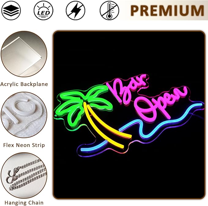 Bar Open Sign for Business, Neon Open Sign, USB Dimmable Palm Tree Neon Lights for Beer Bar Coffee Cafe Home Pub Man Cave Stores Hotel Party Window Wall Decor Restaurant - Bloomnest