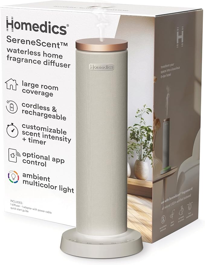Homedics SereneScent Fabric Rechargeable Waterless Diffuser, Use with Homedics SereneScent Oil 120ml (Sold Separately) Cordless Aromatherapy, Adjustable Mist & Timer, 6 Calming Lights, Grey - Bloomnest